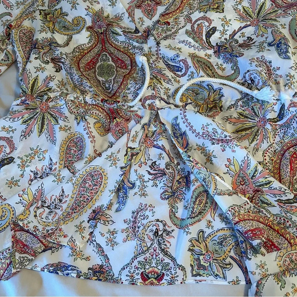 Zara Women Sm Paisley V-Neck Flutter Hem Bell Sleeve Drawstring Waist Boho Top - Picture 8 of 11